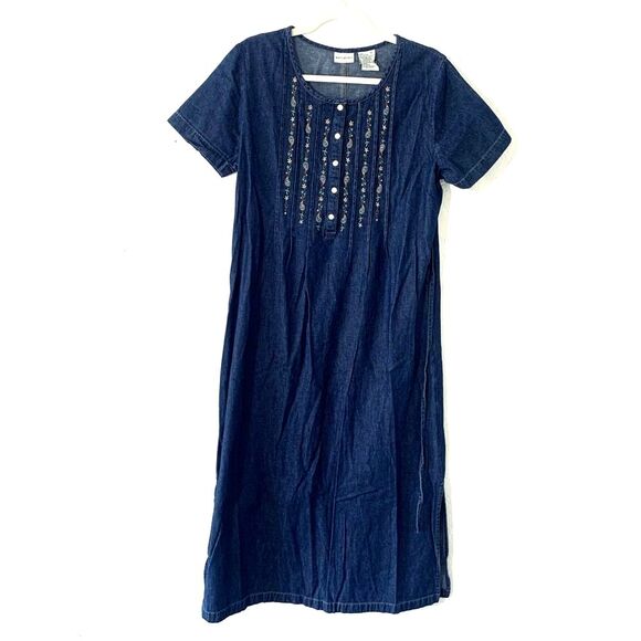 White Stag Denim Maxi Dress Sz M Pintuck Pleats Floral Embroidered Cottagecore - Picture 1 of 9